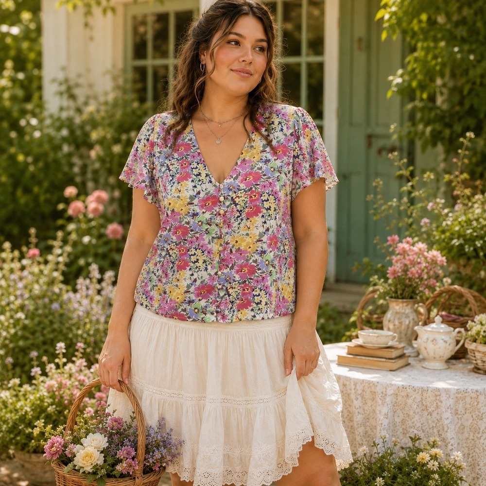 GAP Crepe Flutter Sleeve Top Medium Spring Floral Button Front Rayon Blouse NWT